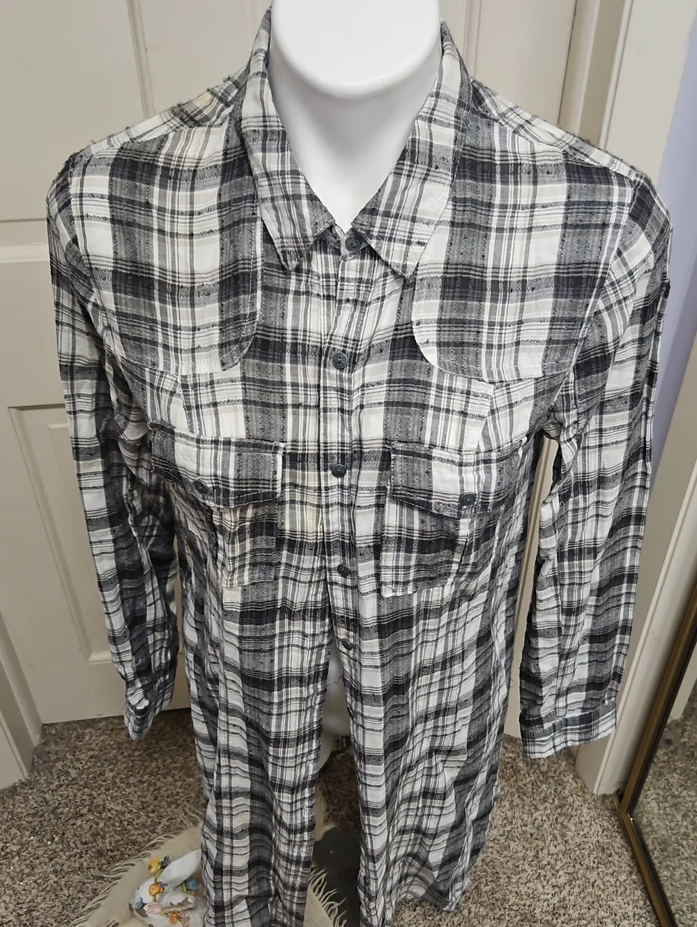 Free People Plaid Button-Up Shirt Dress Jacket - Black & White